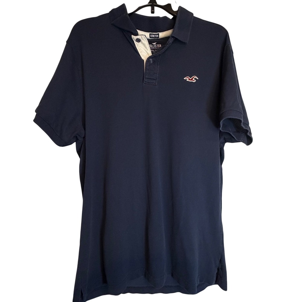 Hollister Epic Flex Polo Shirt Mens XL Navy Blue Short Sleeve Stretch Seagull
